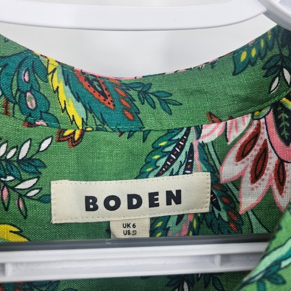 Boden Alicia Peasant Blouse Green Floral Paisley Linen Blend Puff Sleeve Size 2 - Picture 4 of 10